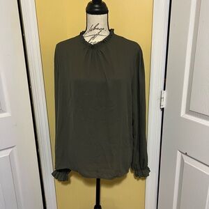 Women’s long sleeve olive green top with ruffle neck and sleeves size XL